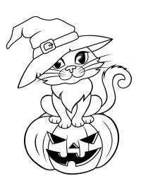 Pisică Halloween în o pălărie de vrăjitoare