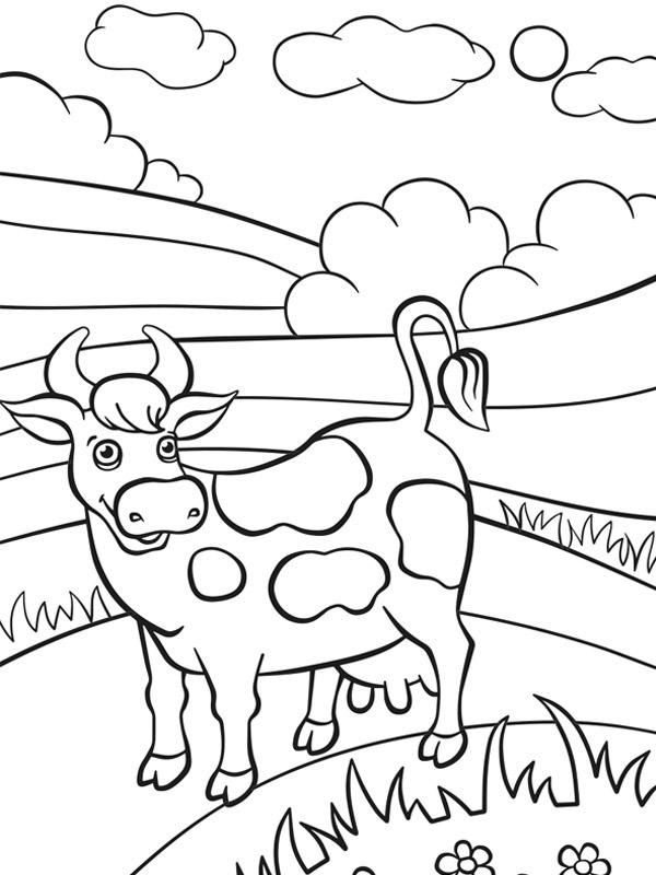 Vacă pe pajiște de colorat