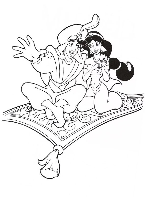 Aladdin și Jasmine pe covor de colorat