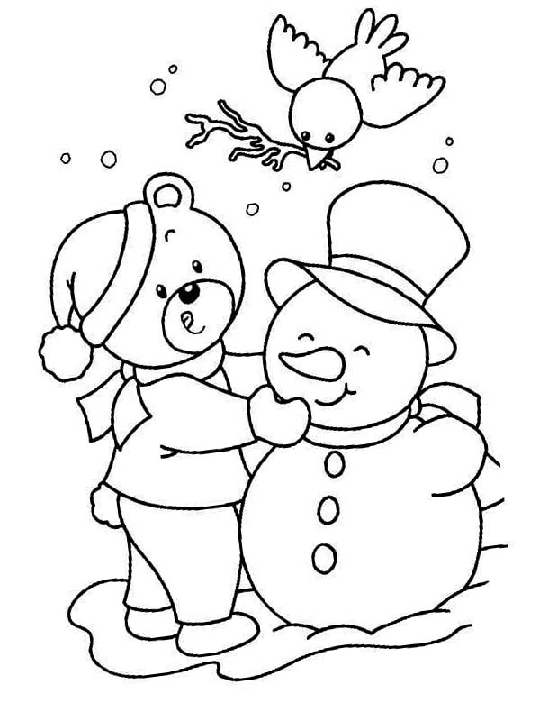 Urs construiește om de zăpadă de colorat
