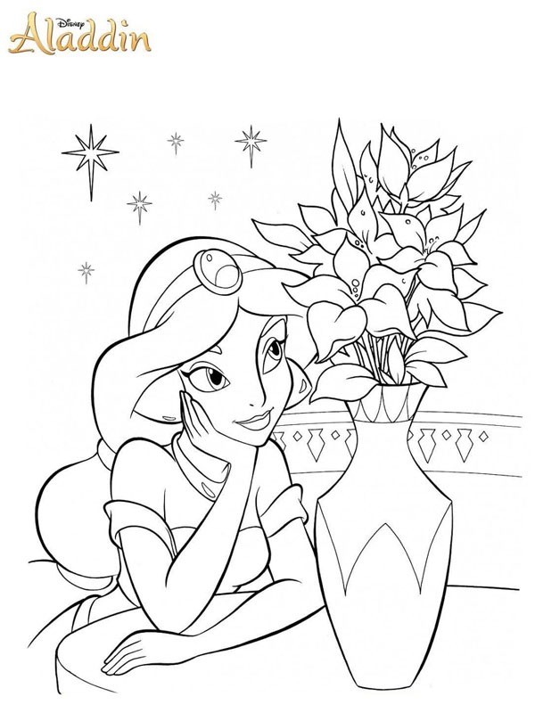 Jasmine se uită la o vază cu flori de colorat