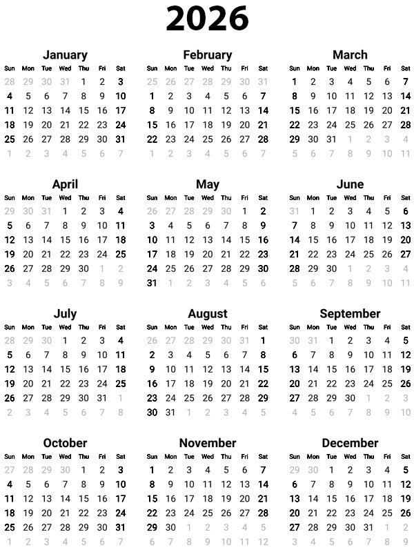 Calendar anual 2026 de colorat