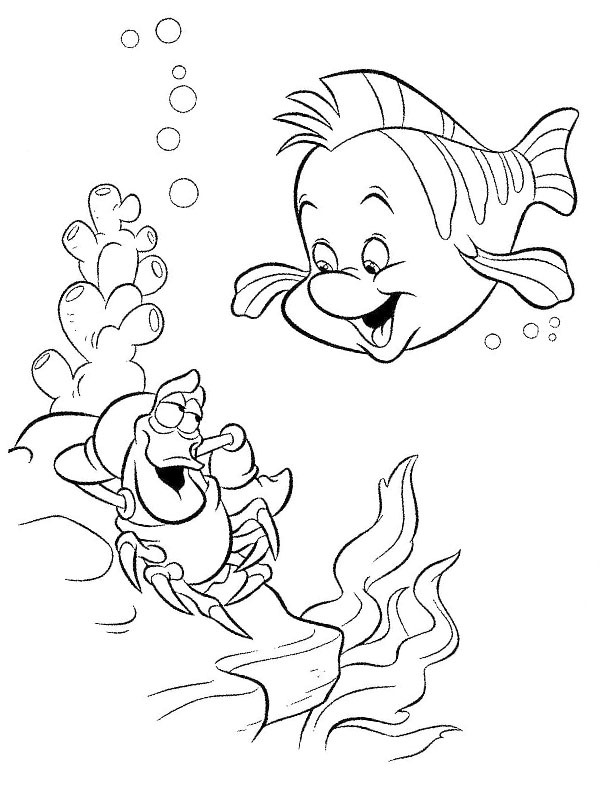 Crabul Sebastian și peștișorul Flounder de colorat