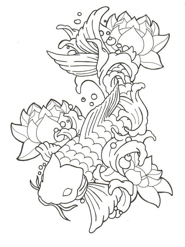 Tatuaj Lotus și Pește Koi de colorat