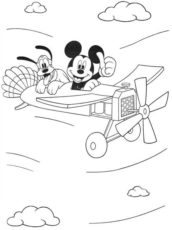 Mickey Mouse şi Pluto într-un avion de colorat