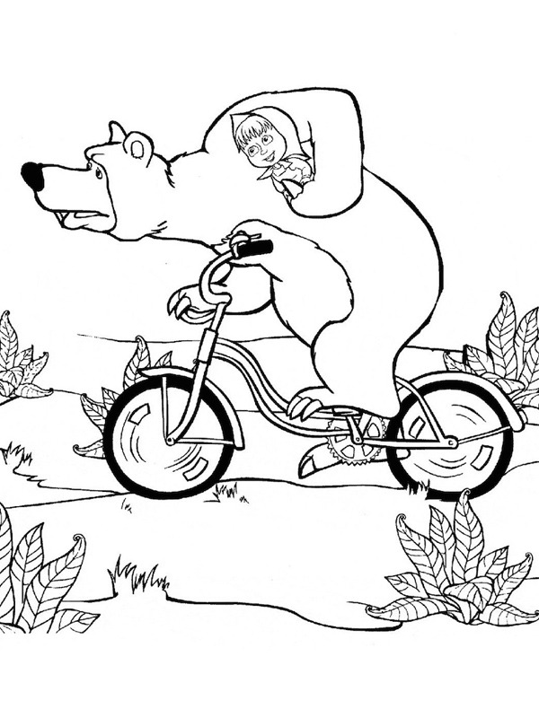 Ursulețul Mishka și Masha pe bicicletă de colorat