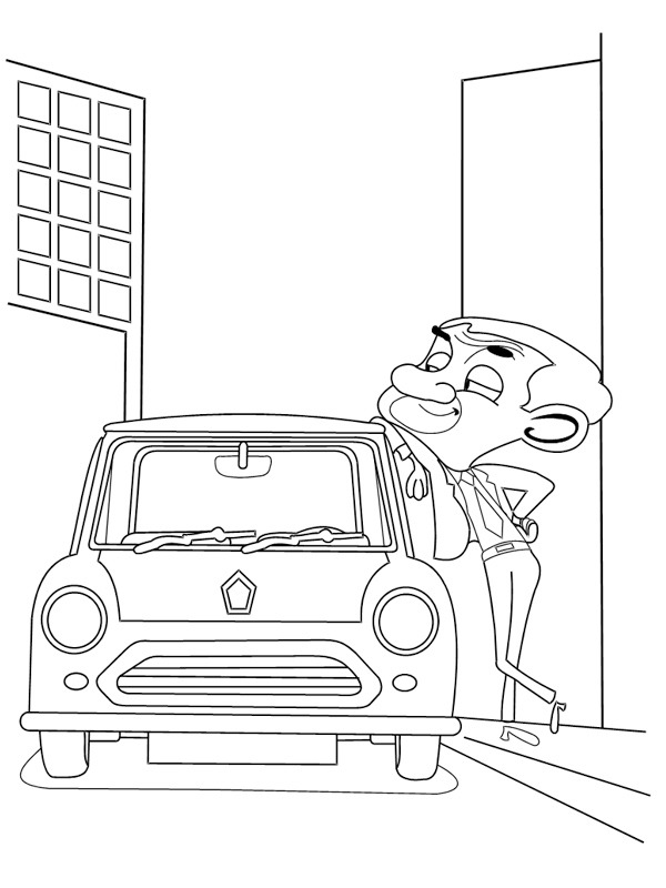 Mr. Bean lângă mașinuța miniatură de colorat