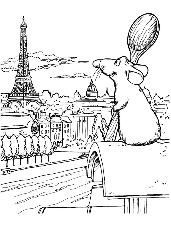Remy se uită la Turnul Eiffel de colorat